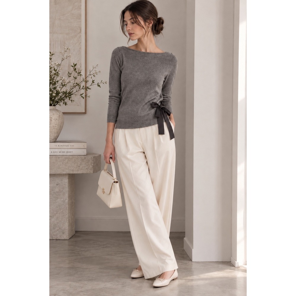 Ann Taylor LOFT Cashmere Blend Gray Bow Sweater Feminine Minimalist S Balletcore